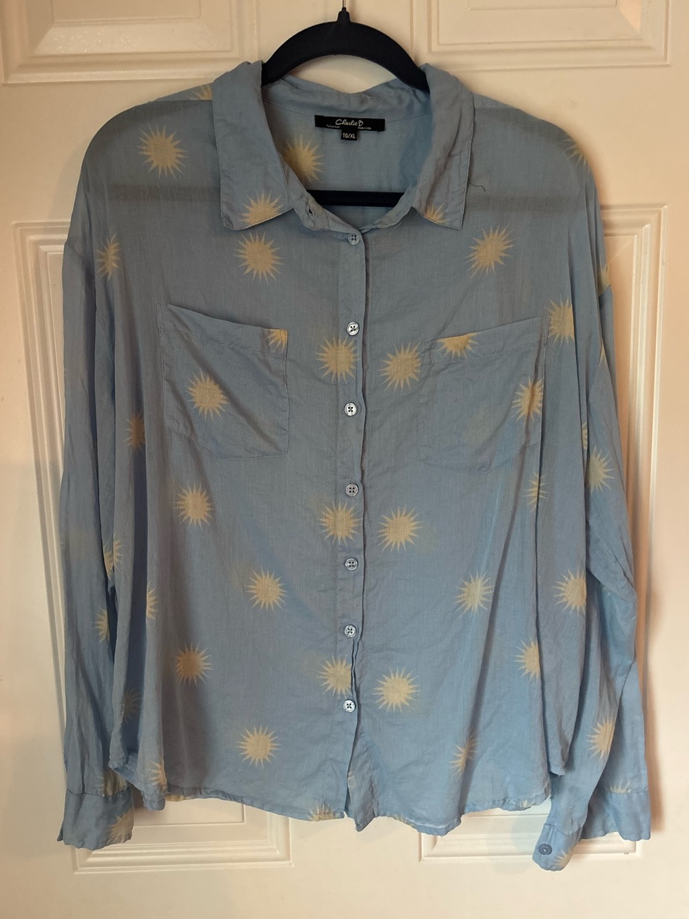 CHARLIE B Light Blue Button-Down Shirt with Yellow Sunburst Print